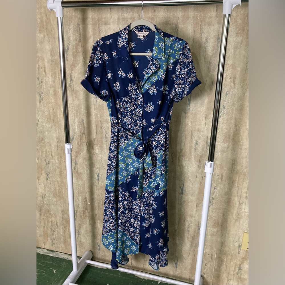 Nanette Lepore Blue Floral Maxi Button Up Dress Tie Belt Blue Summer Boho Sz 12